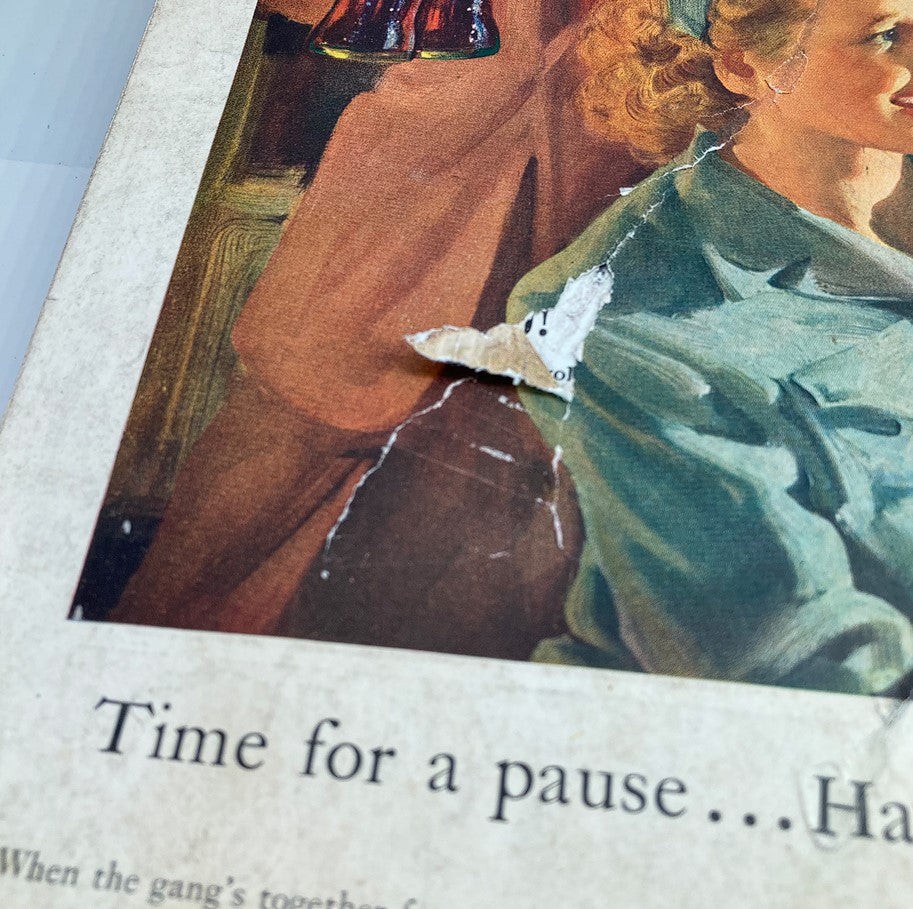Close-up of The Saturday Evening Post January 4 1947 advertisement showing a damage detail, illustrating wear yet maintaining the nostalgic charm of vintage Coca-Cola marketing.
