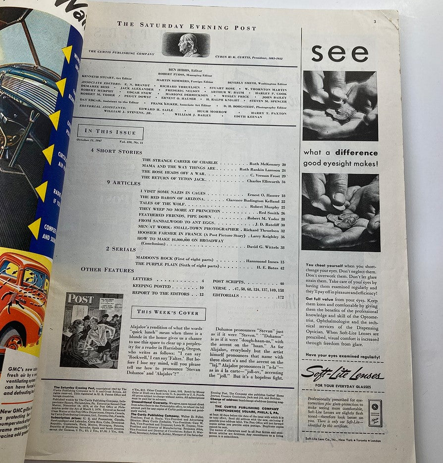 Inside page of The Saturday Evening Post October 11 1947 featuring index and articles including The Red Baron of Arizona.