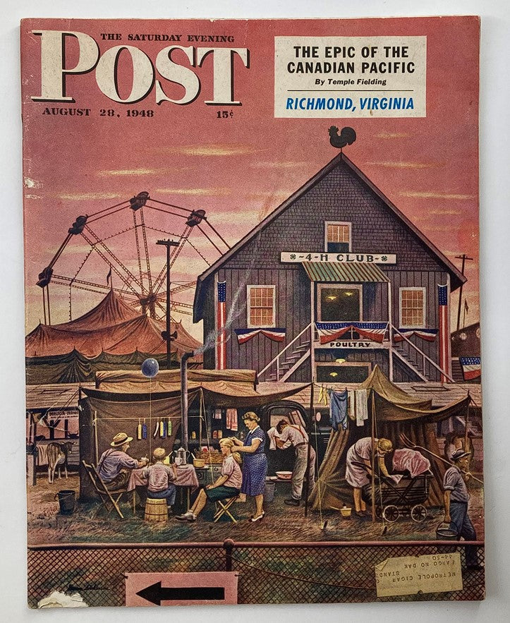 Cover of The Saturday Evening Post August 28, 1948 featuring 'The Epic of The Canadian Pacific' with a vibrant illustration of a fair scene in Richmond, Virginia.