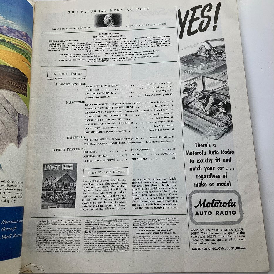 Interior page of The Saturday Evening Post August 28, 1948 displaying the table of contents from the magazine featuring various articles and short stories.