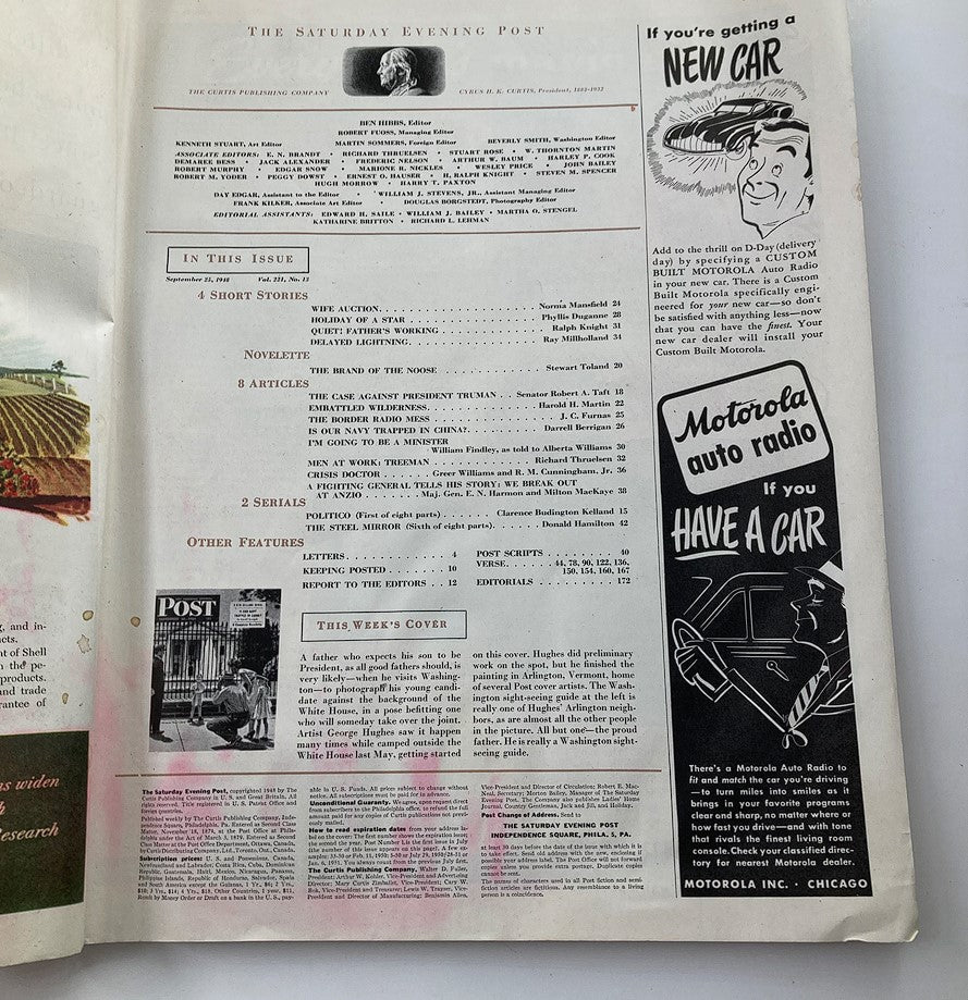 Interior page of The Saturday Evening Post from September 25, 1948 detailing the articles in the issue, providing an overview of topics including stories, features, and advertisements relevant to its time.