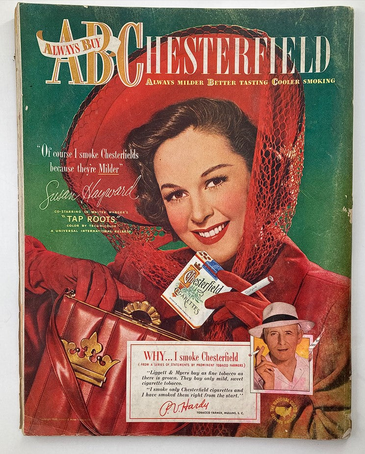 Cover of The Saturday Evening Post dated September 25, 1948 featuring an advertisement for Chesterfield cigarettes with a cheerful model, emblematic of mid-20th century advertising styles.