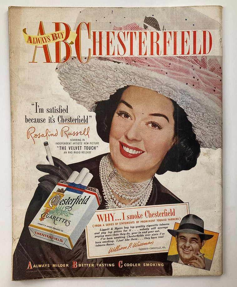 Advertisement from The Saturday Evening Post July 3 1948 featuring actress Rosalind Russell endorsing Chesterfield cigarettes, showcasing mid-20th century advertising culture.