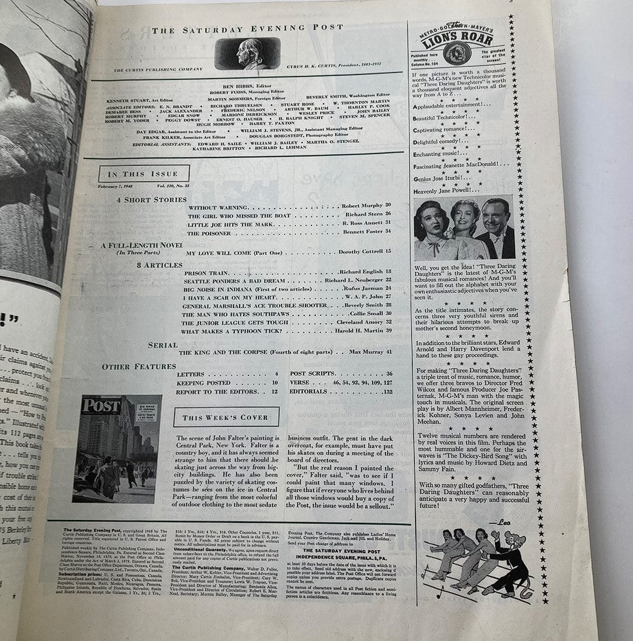 Interior page of The Saturday Evening Post February 7 1948 featuring the table of contents and advertisements, showcasing mid-century American culture.