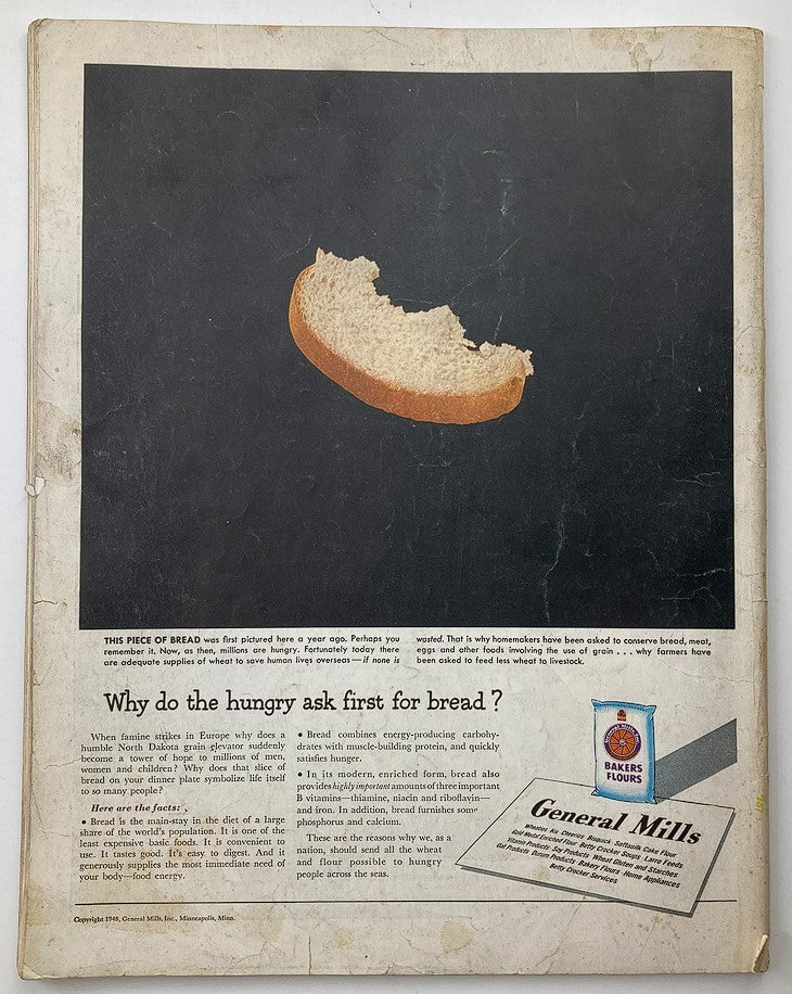 Back cover of The Saturday Evening Post February 7 1948 with an advertisement for General Mills and a visual of a piece of bread, highlighting food-related themes in post-war America.