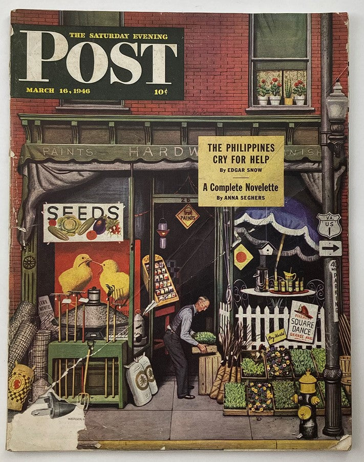 Cover of The Saturday Evening Post dated March 16, 1946, showcasing the article 'The Philippines Cry for Help' by Edgar Snow, featuring a vintage scene of a hardware store with a man examining goods outside.