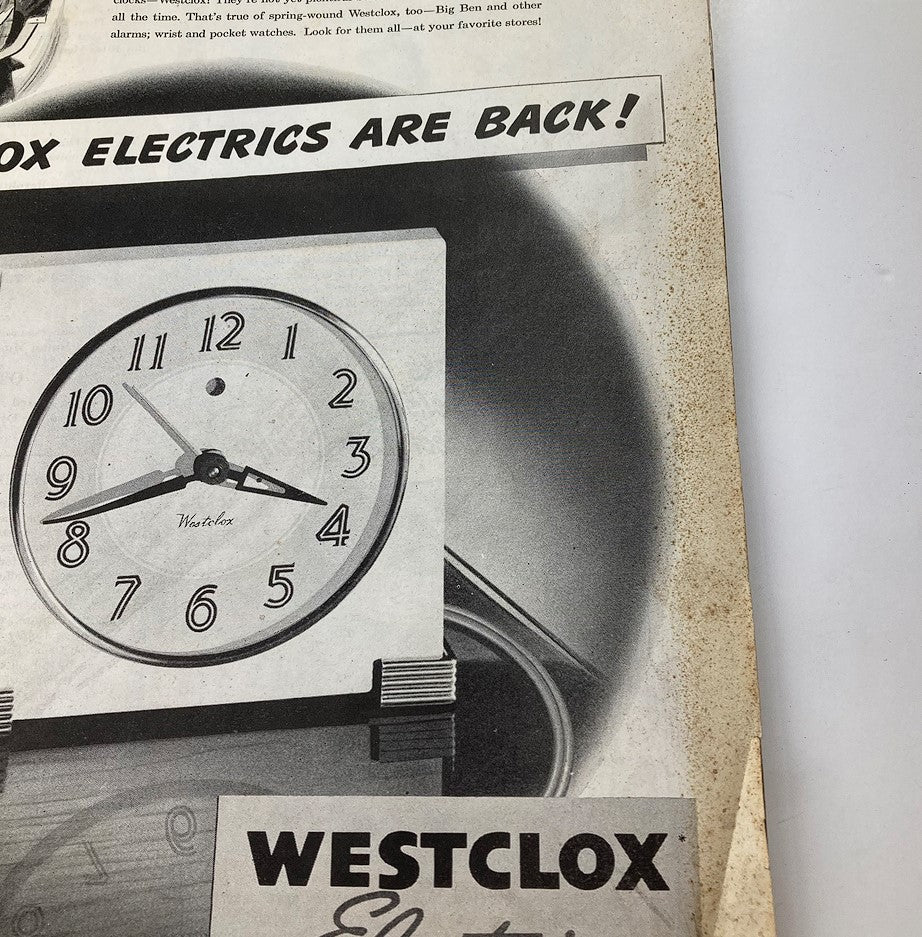 Black and white advertisement for Westclox electric clocks found in the Saturday Evening Post March 16, 1946 issue.
