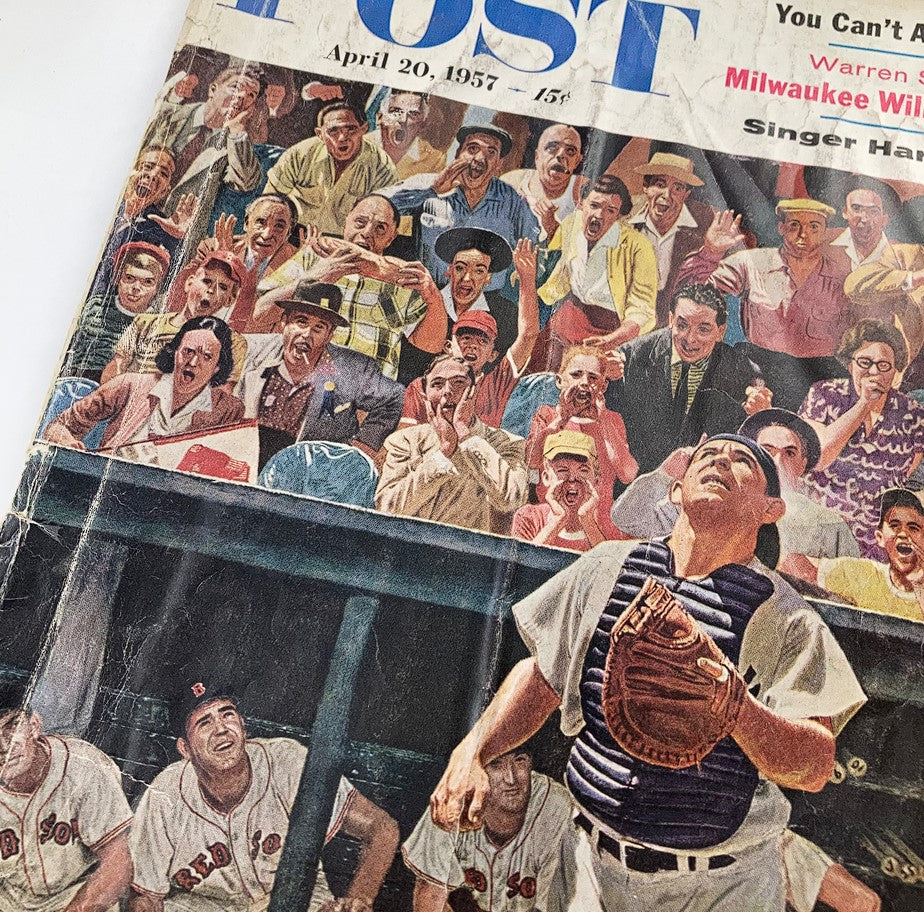 Close-up view of The Saturday Evening Post cover from April 20 1957, showcasing Warren Spahn and excited fans during a baseball game.
