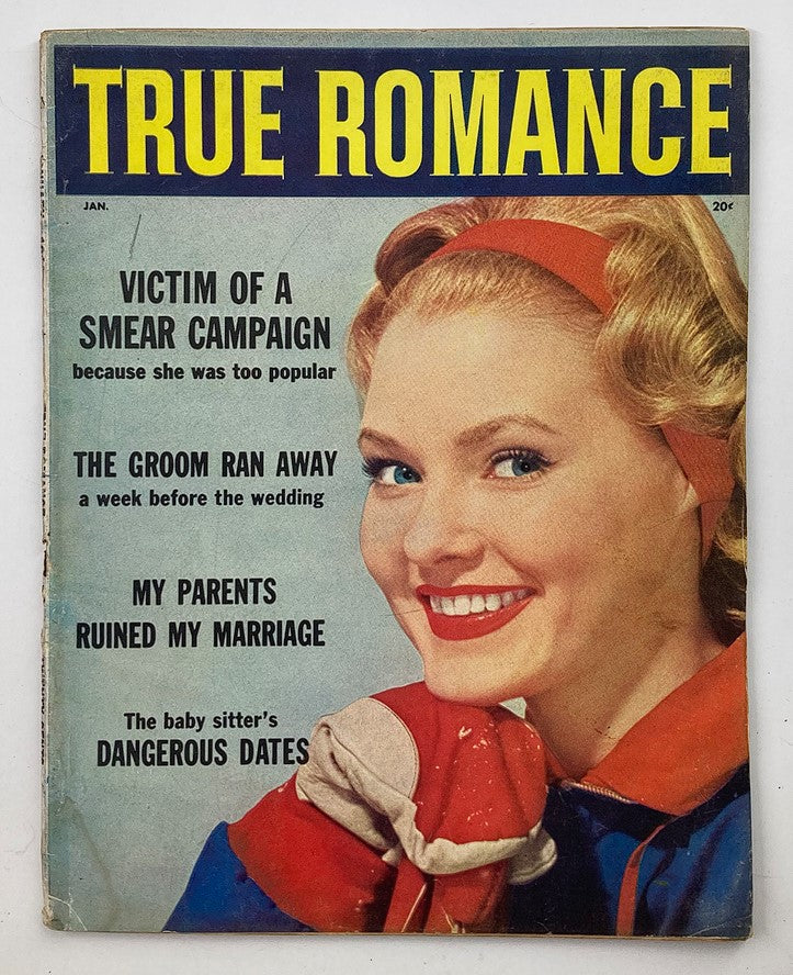 Cover of the VTG True Romance Magazine January 1960, Volume 69, Issue #5 titled 'Victim of a Smear Campaign,' featuring a smiling woman and headlines about romantic stories.
