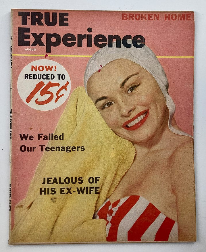 VTG True Experience Magazine August 1954 Vol 55 #3 cover featuring a smiling woman with a towel, highlighting the stories "Jealous of His Ex-Wife" and "We Failed Our Teenagers."