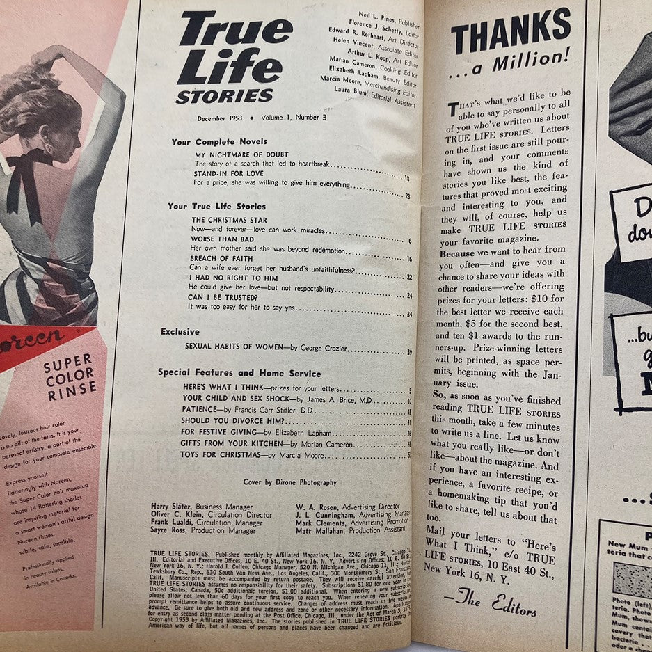 Inside page of the Vintage True Life Stories Magazine December 1953 Vol 1 #3 displaying the table of contents with titles of various narratives and features.