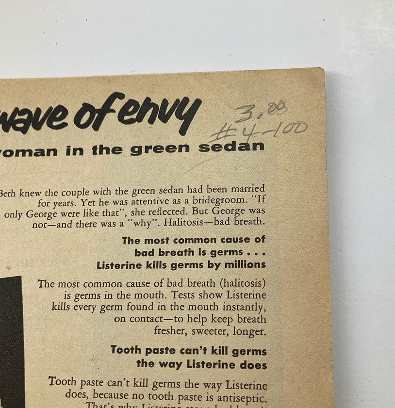 Inside view of the VTG Modern Romances Magazine November 1957 illustrating an advertisement and storyline titled "Wave of Envy," reflective of mid-20th century culture.