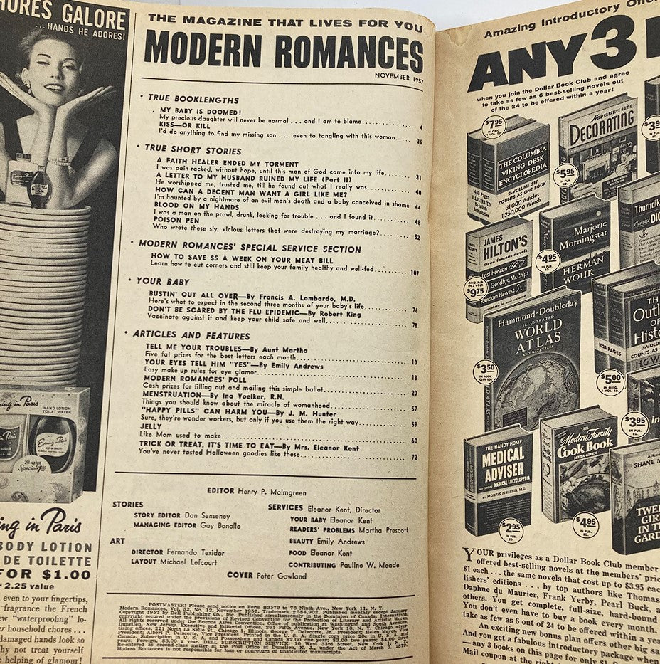 Table of contents page from the VTG Modern Romances Magazine November 1957, listing various romantic stories and articles popular in the 1950s.