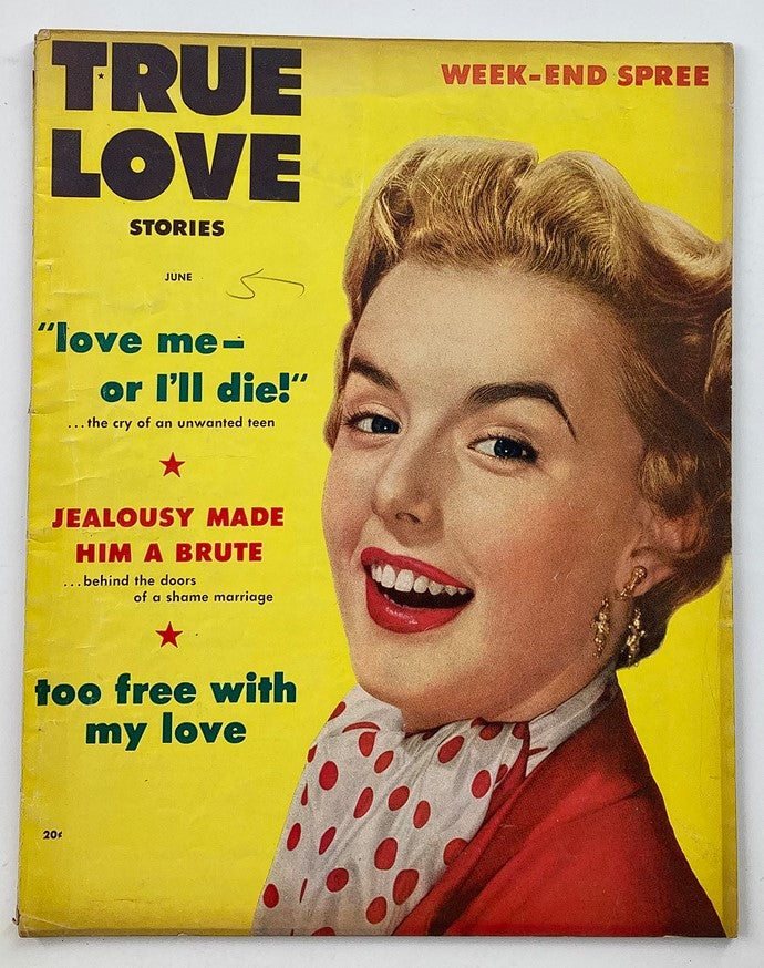 Cover of VTG True Love Stories Magazine June 1954 Vol 61 #5 featuring a smiling woman with blonde hair and a polka dot blouse, highlighting romantic stories.