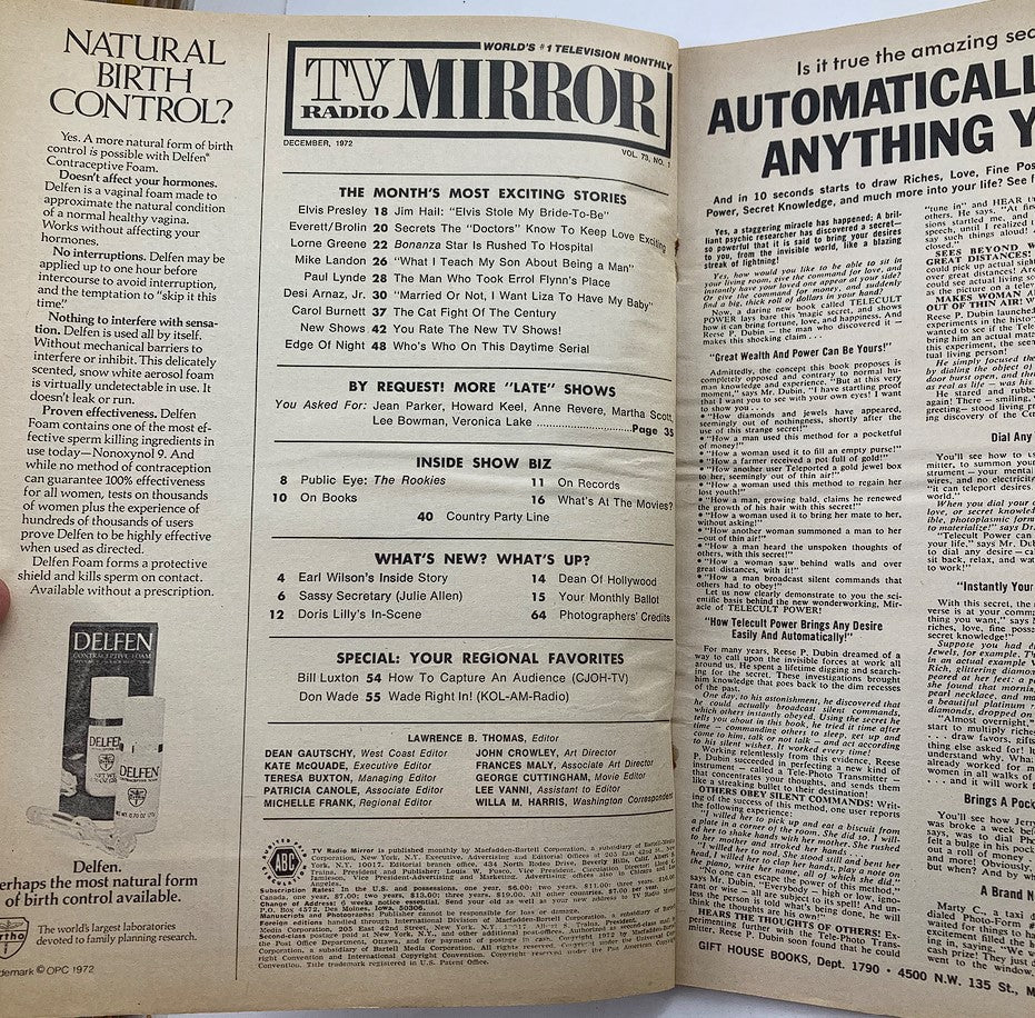 Inside pages of the vintage magazine 'TV Radio Mirror, December 1972, Vol 73 #1' highlighting articles and listings from the early 1970s television landscape.