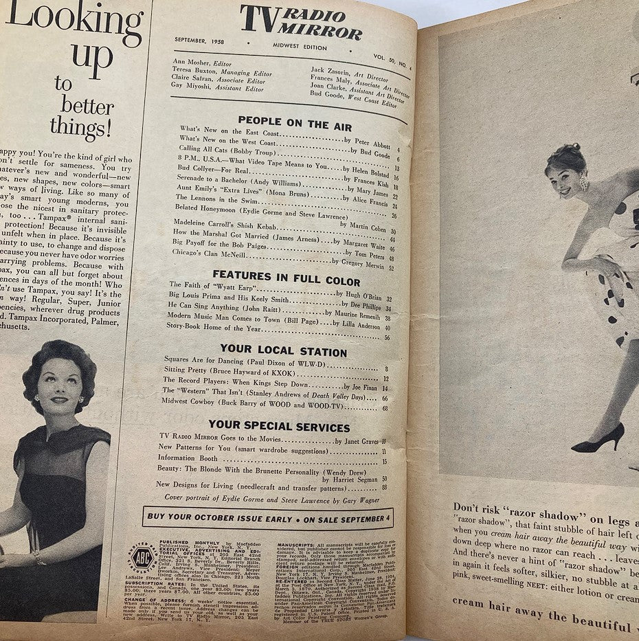 Interior page of VTG TV Radio Mirror Magazine September 1958, showcasing content listings and a retro advertisement, giving insight into 1950s pop culture.