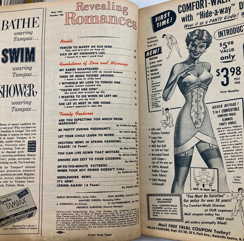 Inside pages of VTG Revealing Romances May 1960 No. 120 showcasing the contents, including stories like 'My Babies Disappeared' and advertisements for vintage fashion.