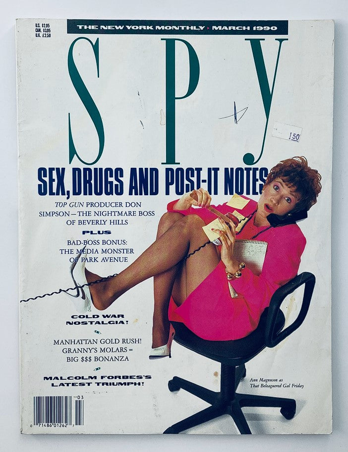 Cover of Spy Magazine March 1990 featuring Ann Magnuson as 'The Beleaguered Gal Friday'. The cover includes headlines about sex, drugs, and pop culture commentary.