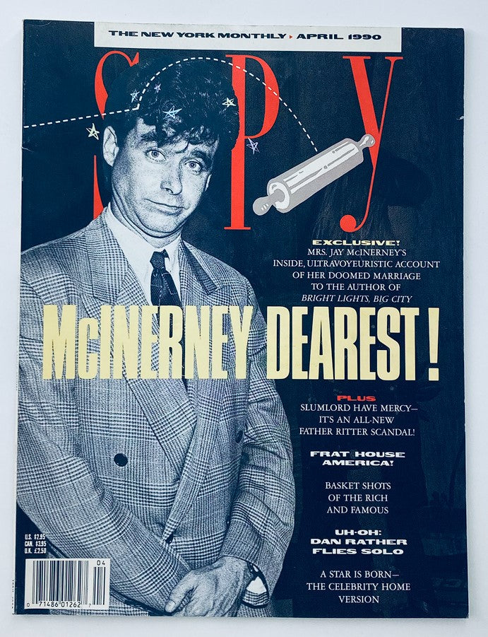 Spy Magazine April 1990 cover featuring Jay McInerney, author of Bright Lights, Big City, highlighting the article 'McInerney Dearest!'. The cover combines a bold design with textual elements about pop culture and satire.