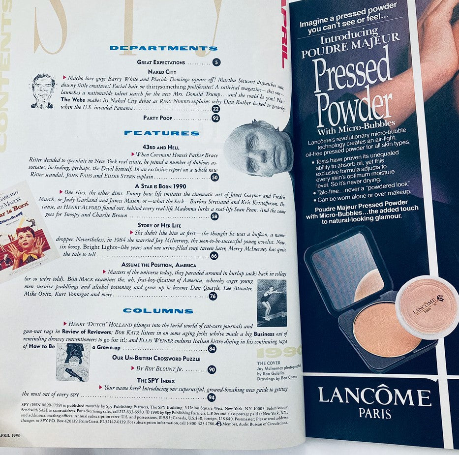 Table of contents page from Spy Magazine April 1990 showcasing features and columns, offering a glimpse into the magazine's structure and editorial focus during the 1990s.
