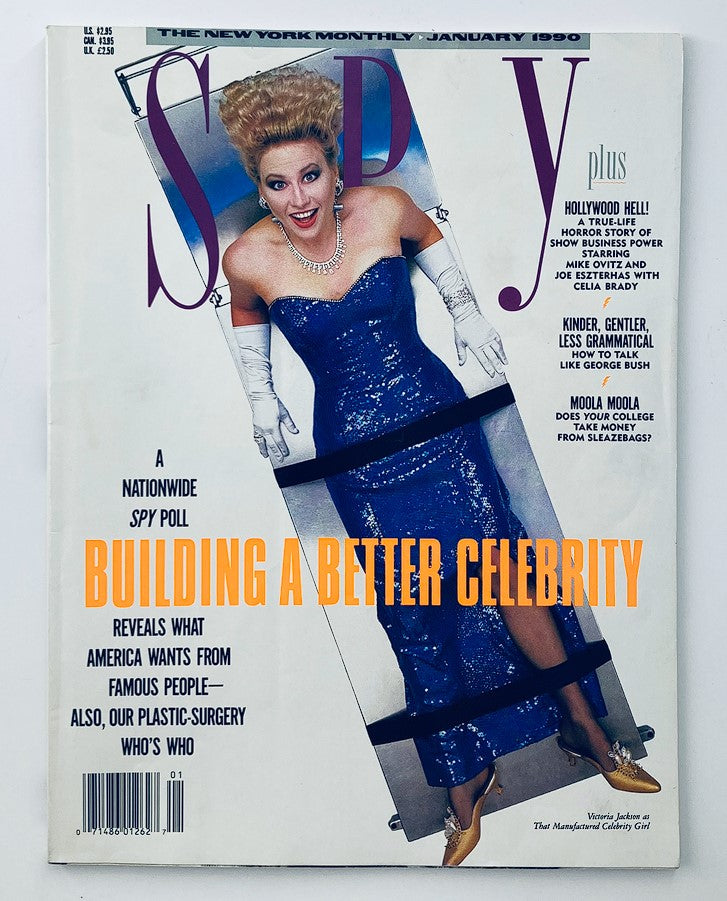 Cover of Spy Magazine January 1990 featuring Victoria Jackson as the Manufactured Celeb Girl, showcasing vibrant graphics and satirical advertisements.