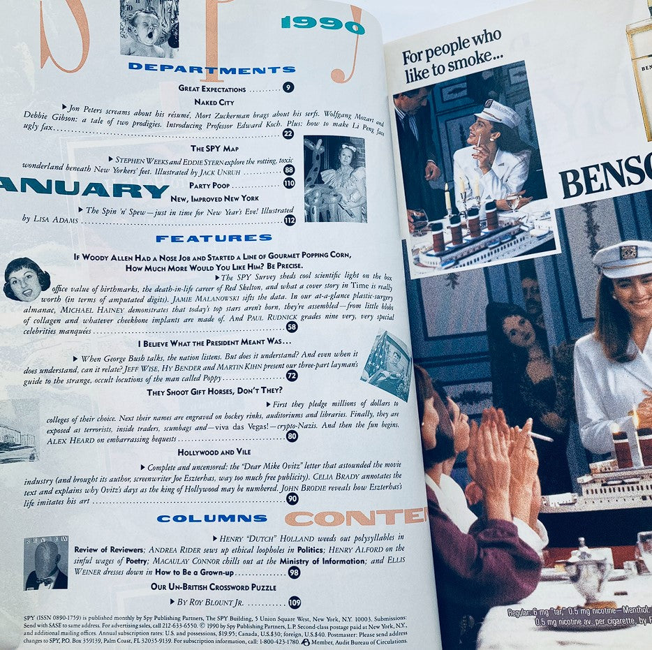 Interior page of Spy Magazine January 1990 displaying the table of contents, highlighting features and columns, with a focus on celebrity culture and commentary.