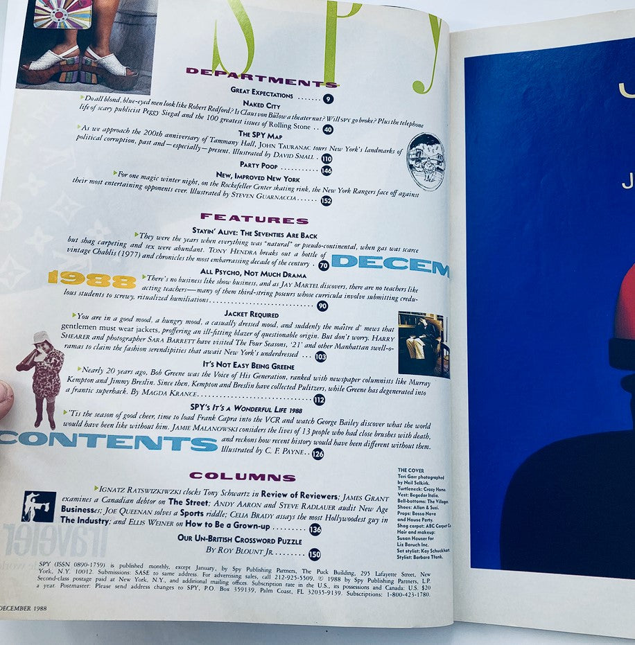 Contents page of VTG Spy Magazine December 1988, detailing featured articles and sections, reflecting the magazine's focus on celebrity culture and political satire.