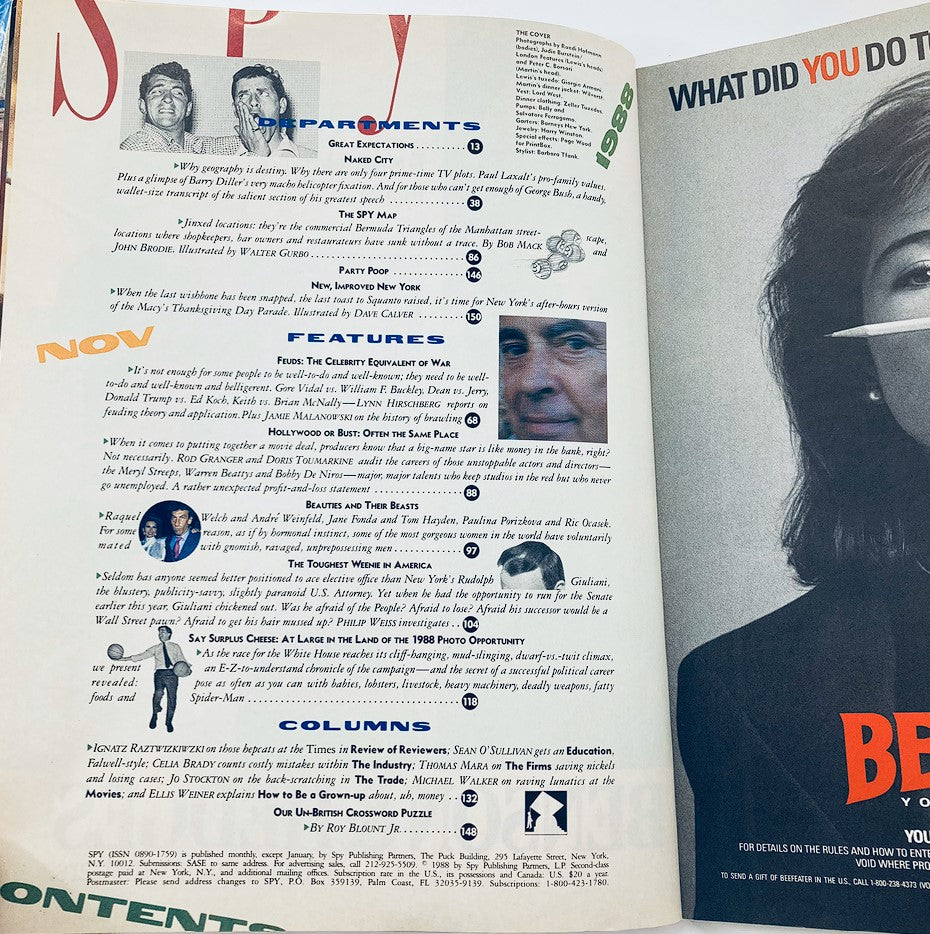 Interior page from VTG Spy Magazine November 1988 featuring 'Departments' and 'Features' sections highlighting articles and personalities like Paul Laxalt, George Bush, and a list of engaging topics for readers.