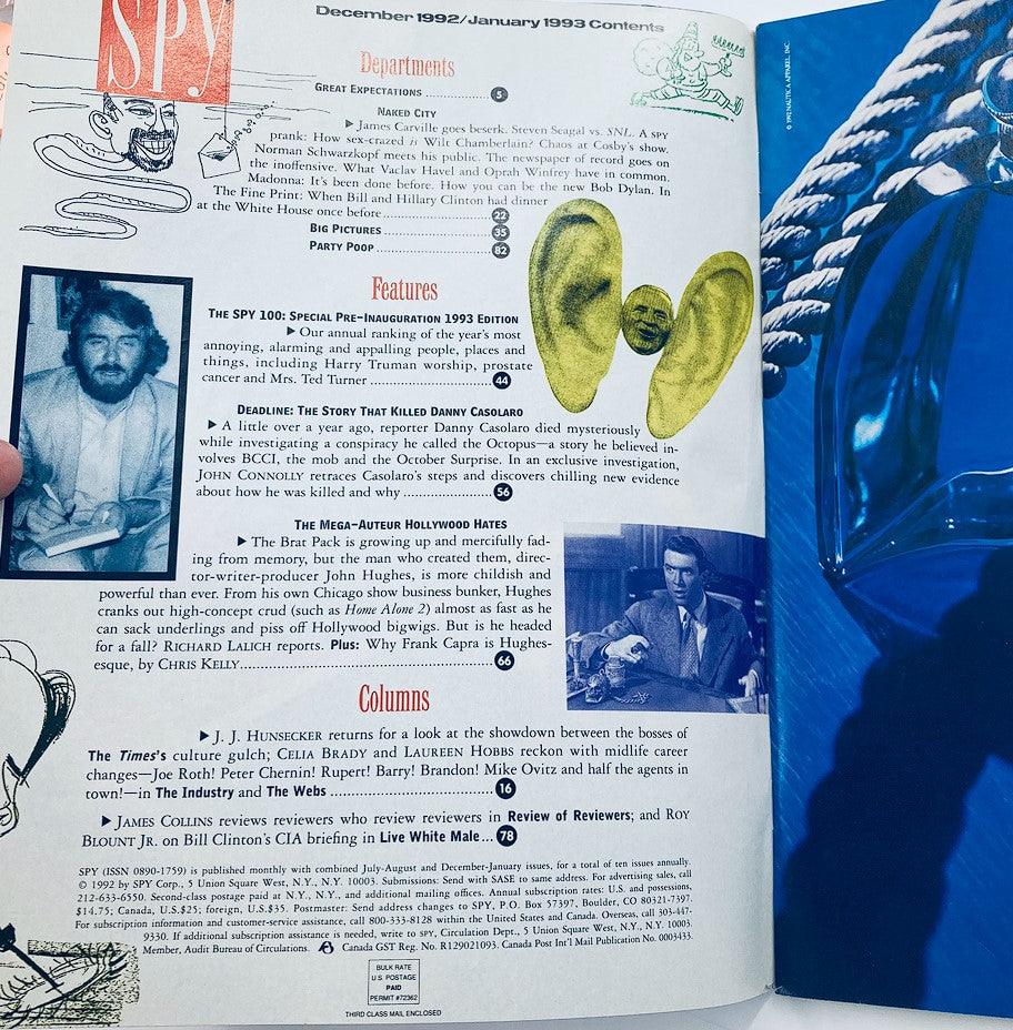 Contents page from Spy Magazine January 1993, showcasing articles and features including a special pre-inauguration edition and cultural commentary.
