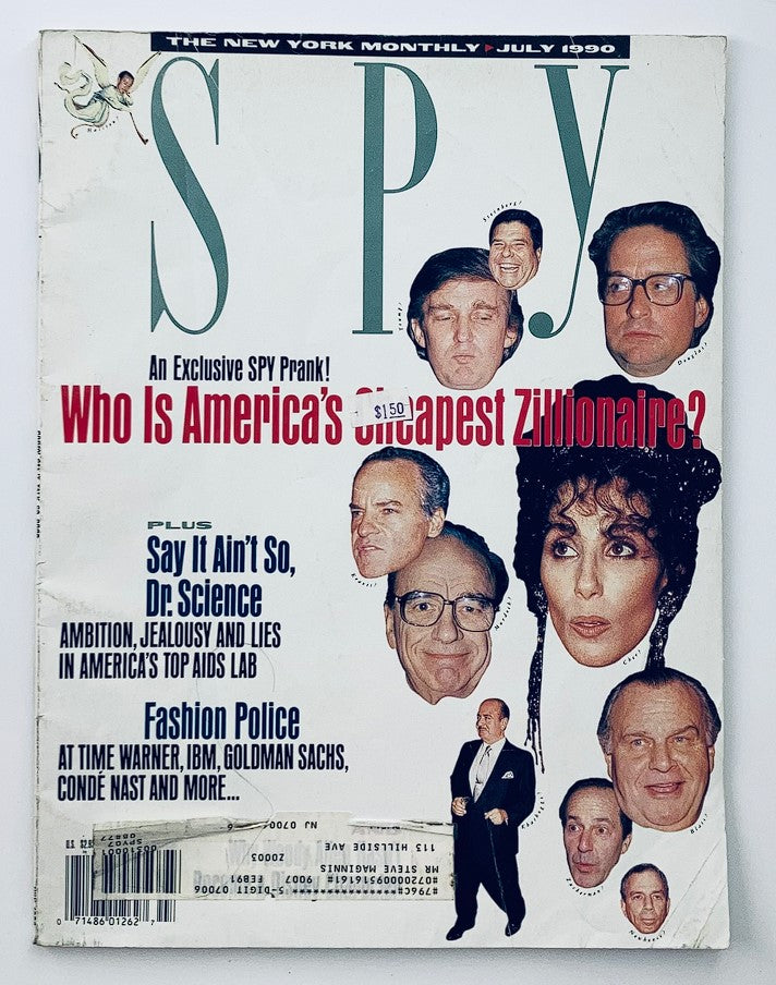 Cover of Spy Magazine, July 1990, featuring an exclusive SPY prank and the question 'Who Is America's Cheapest Zillionaire?'. The cover includes images of celebrities like Donald Trump, Cher, and others, showcasing the iconic style of 90s digital collage.
