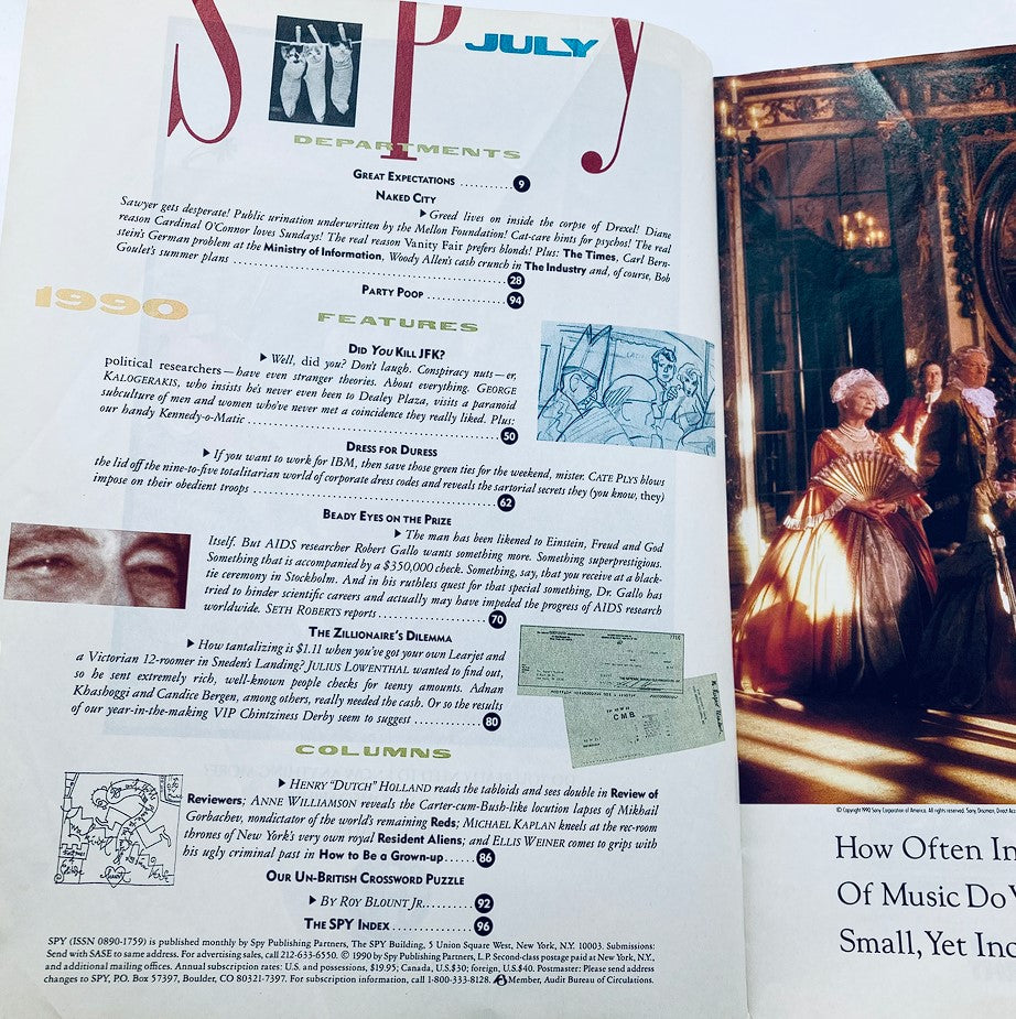 Inside page of Spy Magazine, July 1990, detailing sections and features including 'Great Expectations', 'Party Poop', and articles like 'Did You Kill JFK?'. This layout reflects the magazine's mix of satire and cultural commentary.