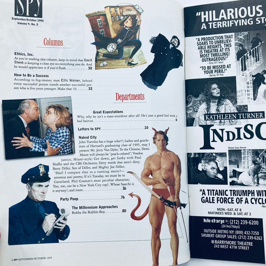 Inside spread of Spy Magazine September 1995 Vol 9 #5 displaying various article topics, including 'Naked City' and 'Great Expectations', featuring humorous illustrations and photographs related to the magazine's witty content.