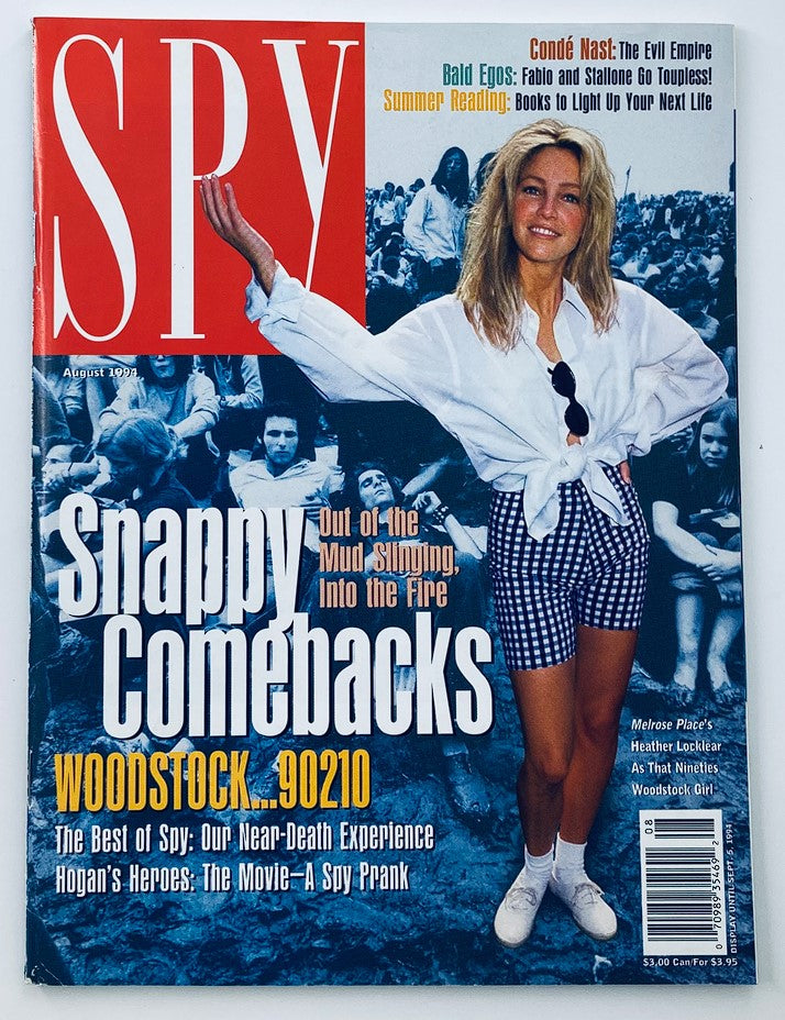 Spy Magazine July 1994 Vol 8 #6 featuring Heather Locklear as the iconic 90's Woodstock Girl on the cover, showcasing her vintage style and capturing the essence of pop culture.