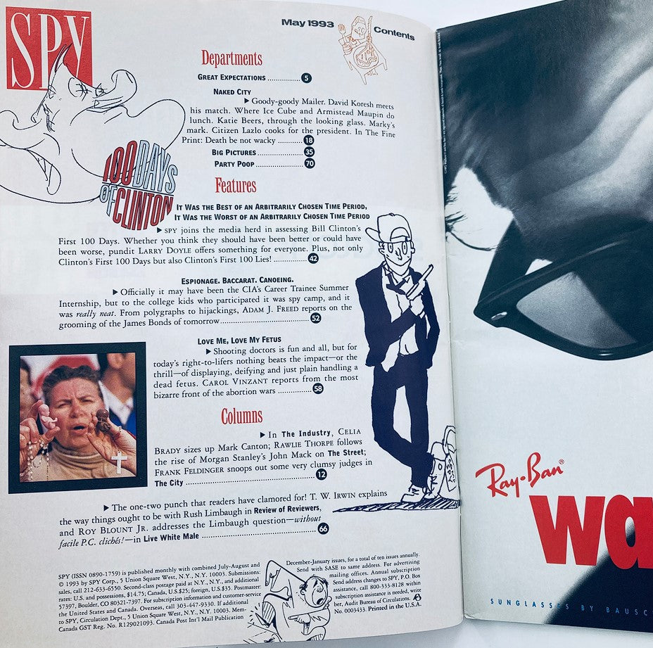 Inside page of Spy Magazine May 1993 displaying the table of contents, highlighting features including '100 Days of Clinton'.