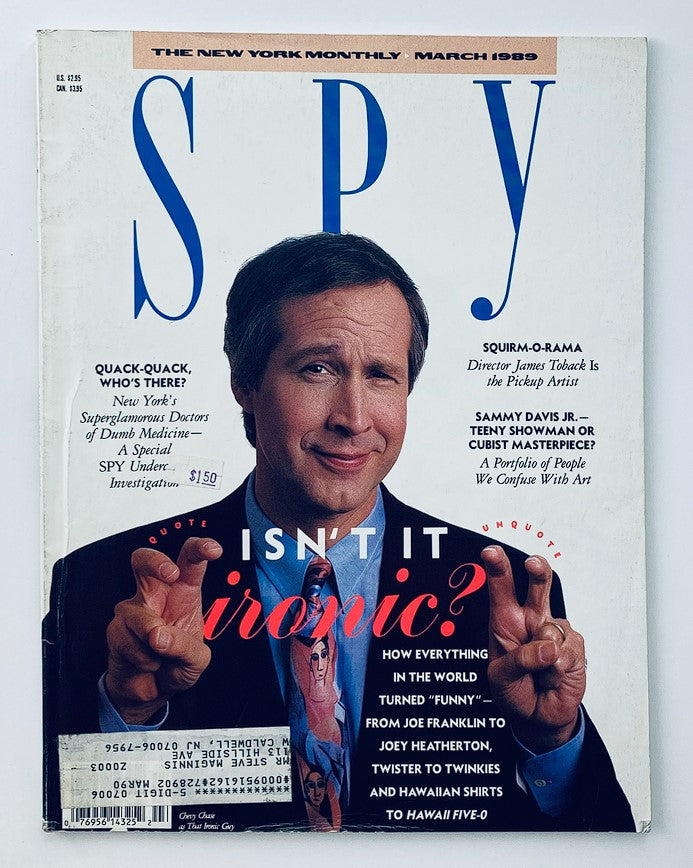 Cover of VTG Spy Magazine March 1989 featuring Chevy Chase as 'That Ironic Guy' alongside Sammy Davis Jr., showcasing vintage satire and pop culture humor.