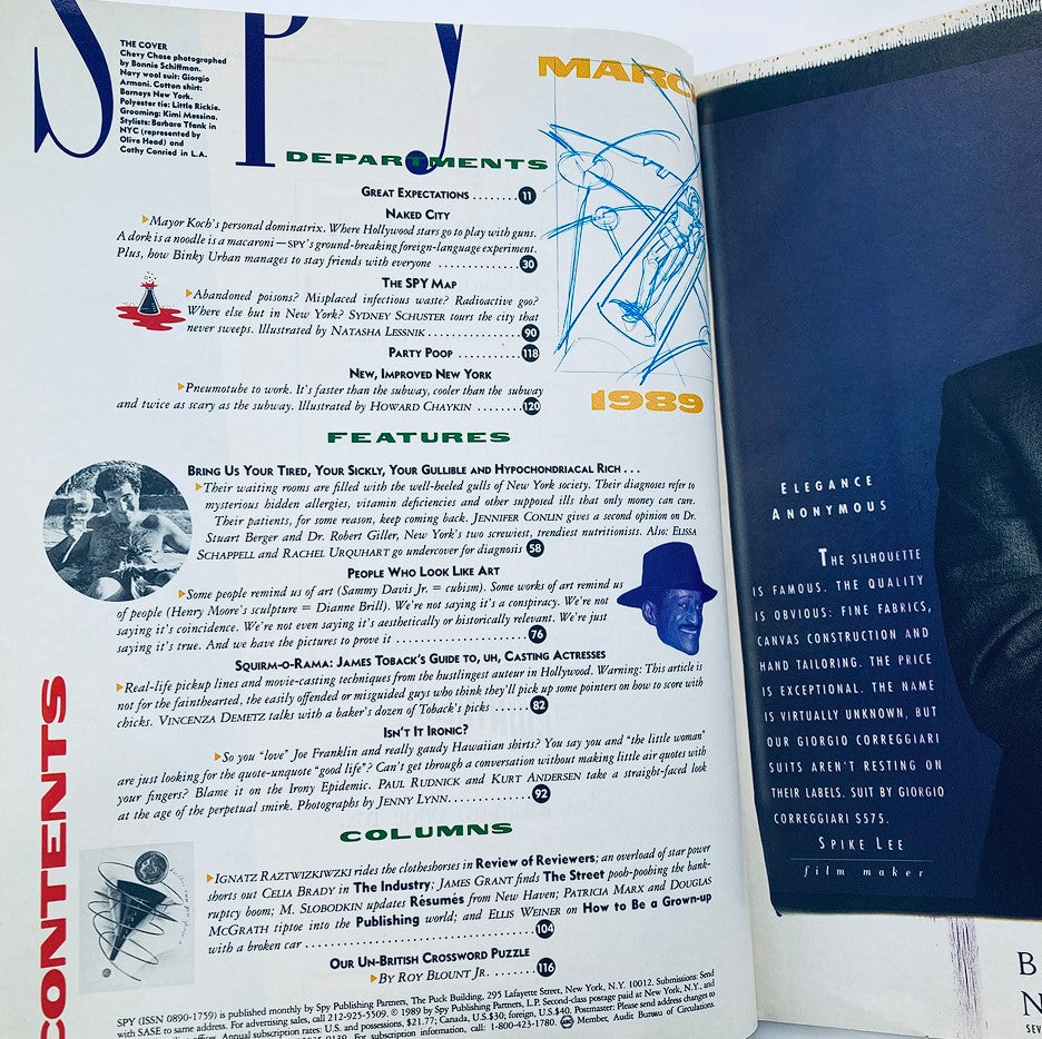 Inside view of Spy Magazine March 1989 showcasing contents, including features and columns with a vibrant layout related to pop culture and satire.
