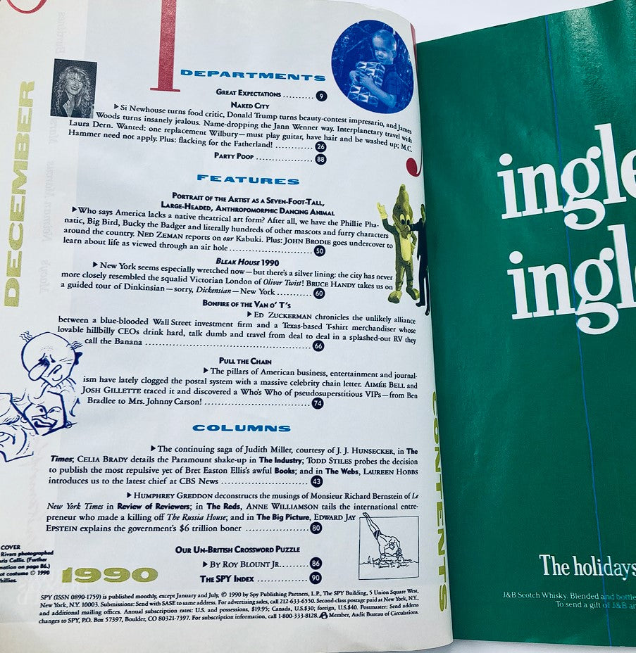 Inside spread of Spy Magazine December 1990 displaying editorial features and departments, showcasing the magazine's unique style and layout.