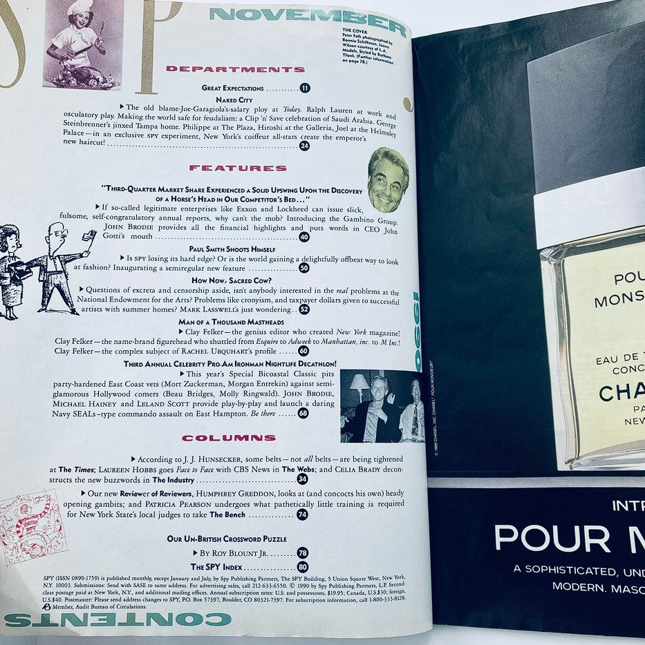 Interior page of Spy Magazine, November 1990 displaying an overview of departments and features, highlighting cultural commentary and articles related to fashion and entertainment.