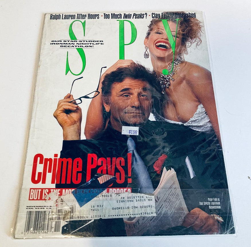 Alternate view of the cover of Spy Magazine, November 1990 showcasing Peter Falk and a blonde model, with bold headlines and a price tag, emphasizing 1990s pop culture.