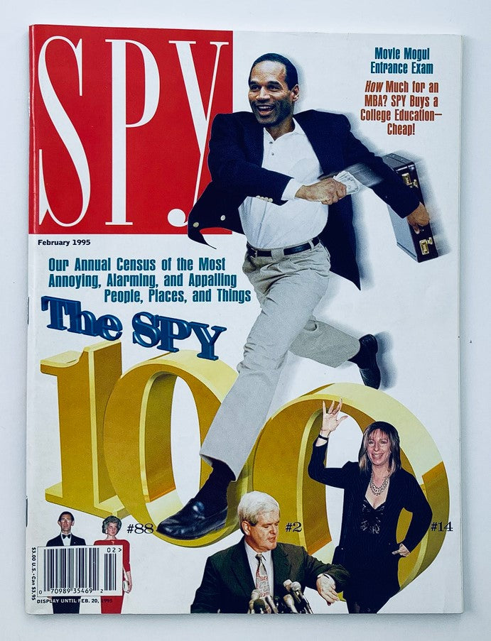Cover of Spy Magazine February 1995 featuring O.J. Simpson alongside notable personalities including Prince Charles and Diana, highlighting the issue's focus on the most annoying and appalling people in pop culture.