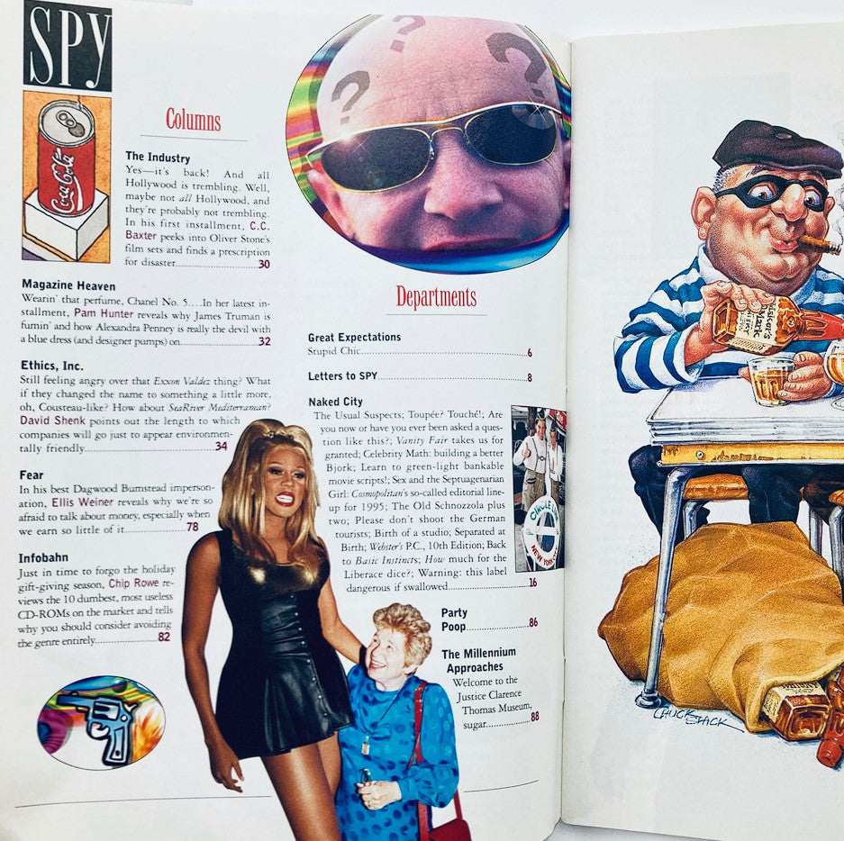 Interior page of Spy Magazine February 1995 showcasing various columns and departments, including commentary on celebrity culture, featuring a photograph of a celebrity in a striking outfit.