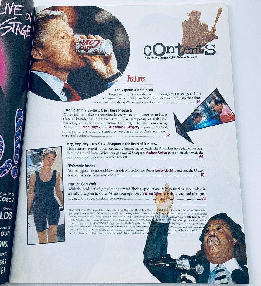 Contents page of Spy Magazine, November 1994, Volume 8 #8 showcasing various articles including features on Bill Clinton, Al Sharpton, and cultural commentary from the 1990s.