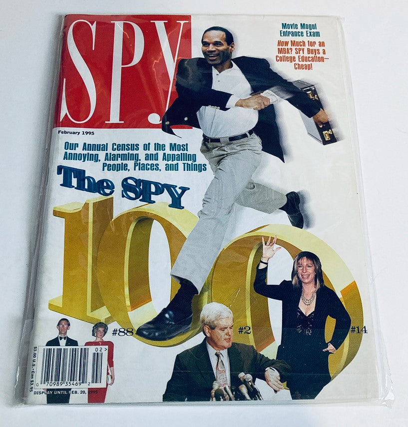 Back cover of Spy Magazine February 1995, displaying the magazine's cover art with O.J. Simpson, emphasizing a collectible vintage magazine focused on celebrity culture in the 1990s.
