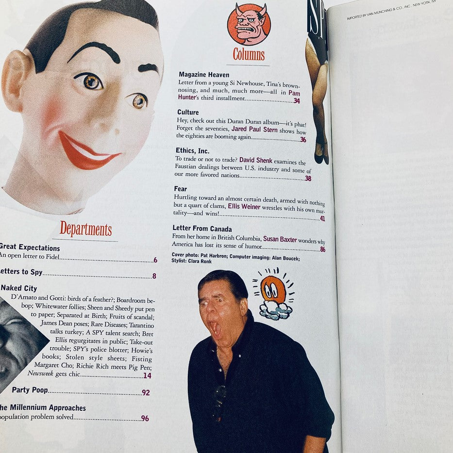 Page of Spy Magazine, November 1994, Volume 8 #8 displaying columns and features with humorous illustrations, adding to the vintage charm of the publication.