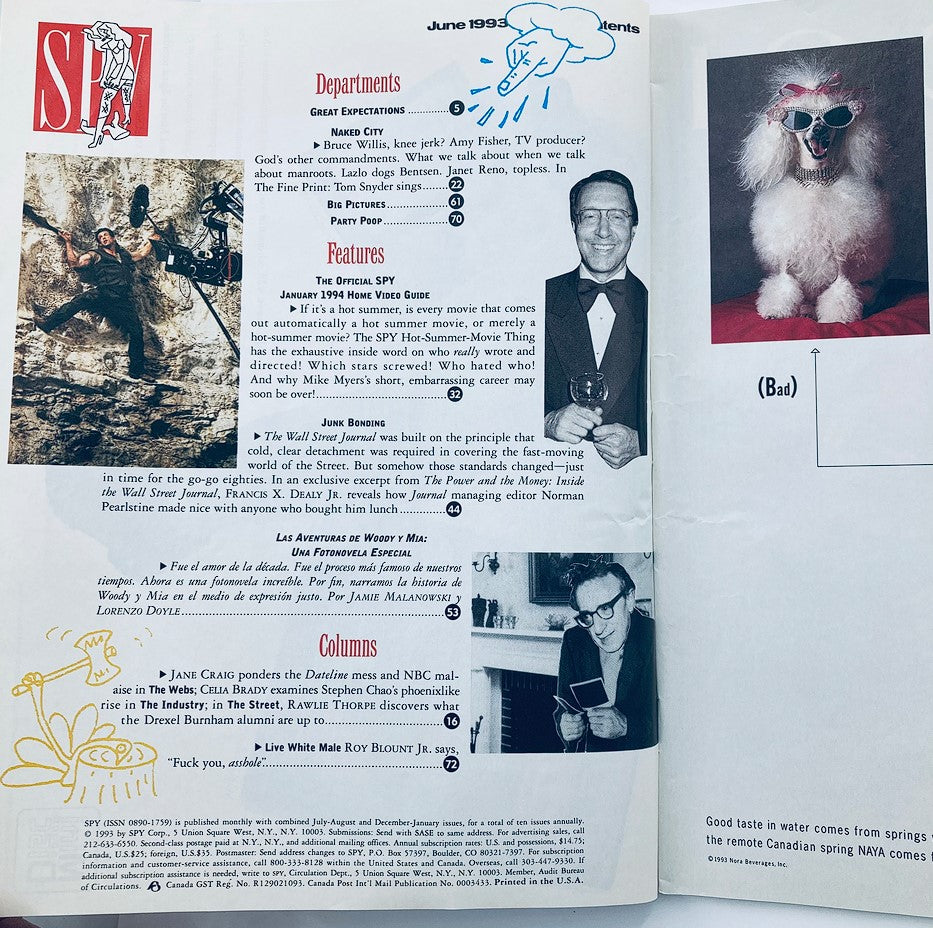 Interior page of Spy Magazine June 1993 featuring article sections and highlights, including topics on Hollywood figures and features like 'The Official Spy Home Video Guide' and 'Junk Bonding'.