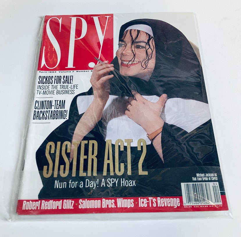 Close-up shot of the cover of Spy Magazine April 1993 Volume 7 Issue 6, protected in plastic wrap, showing Michael Jackson as That Faux Bride of Christ with the headline 'Sister Act 2 - Nun for a Day! A SPY Hoax.'