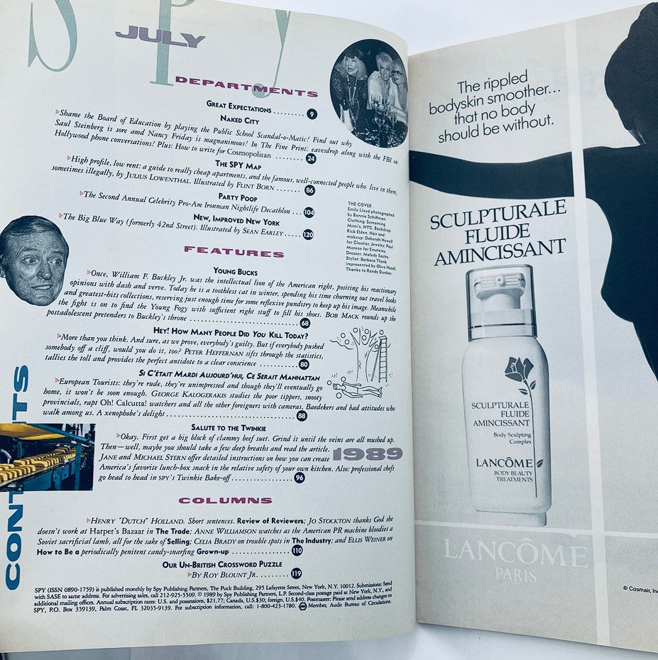 Inside spread of Spy Magazine July 1989, showcasing various departments and features, revealing pop culture commentary and humor from the late 80s.