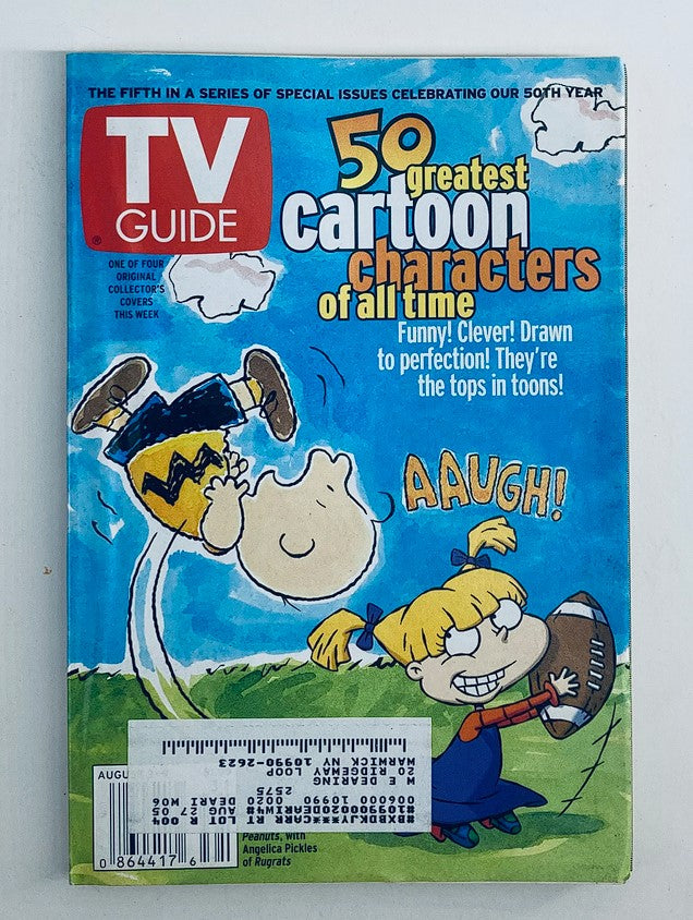 TV Guide Magazine cover from August 3, 2002 featuring Charlie Brown and Angelica Pickles. Highlights the 50 greatest cartoon characters of all time with colorful illustrations and bold headlines.