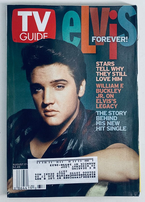 Cover of TV Guide Magazine from August 17, 2002, featuring Elvis Presley. The headline reads 'Elvis Forever!' with a photograph of Presley, alongside the subtitle 'Stars tell why they still love him.' The magazine highlights William F. Buckley Jr.'s insights on Elvis's legacy.