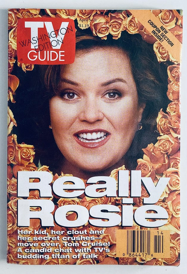 TV Guide Magazine cover from April 5, 1997 featuring Rosie O'Donnell surrounded by roses, with the title 'Really Rosie' highlighting interviews about her life and career, and a reference to Tom Cruise.